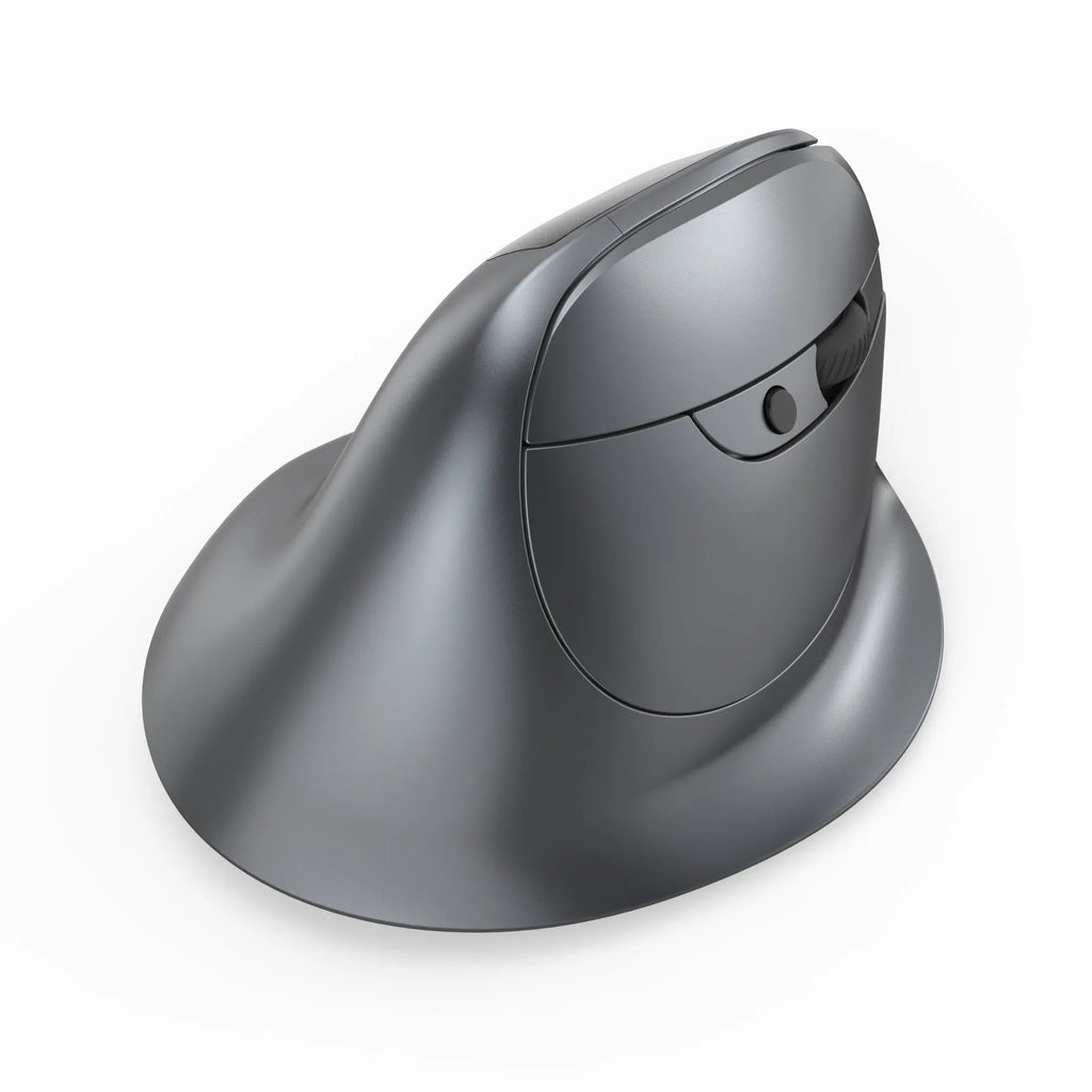 Grey Bluetooth vertical ergonomic mouse with a built-in display, shown from a side angle.
