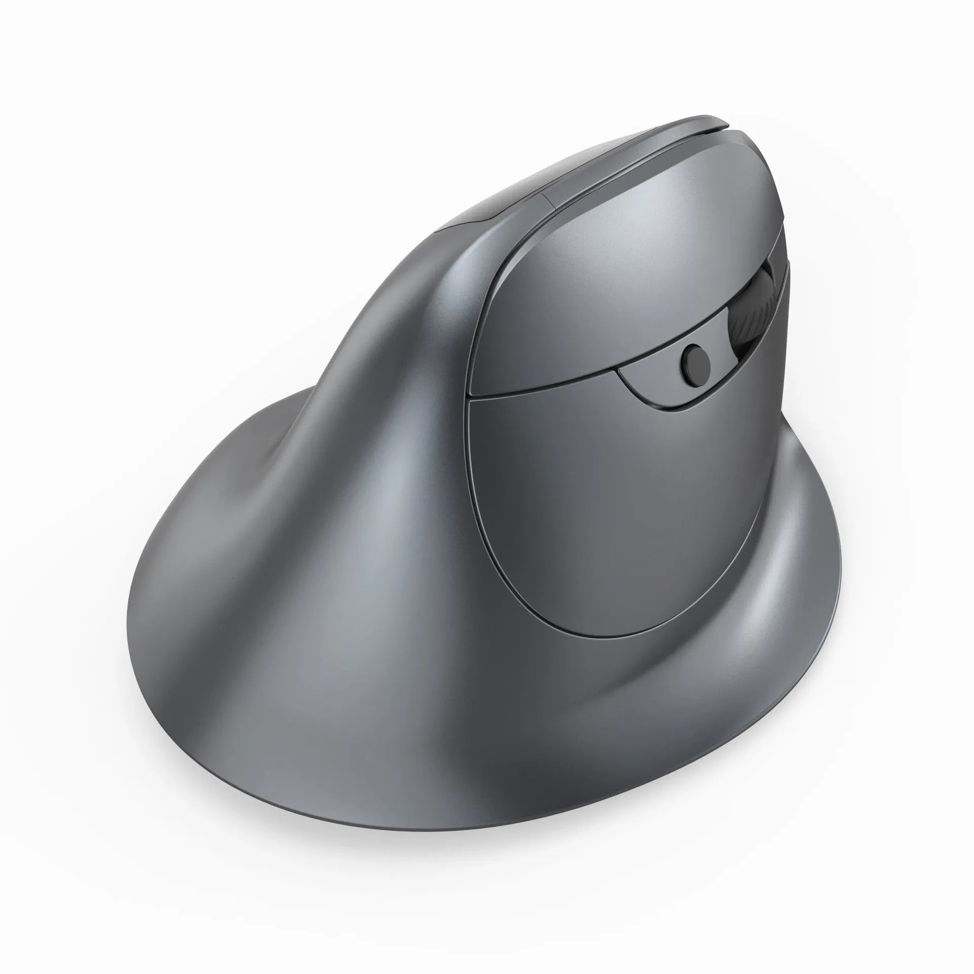 Grey Bluetooth vertical ergonomic mouse with a built-in display, shown from a side angle.