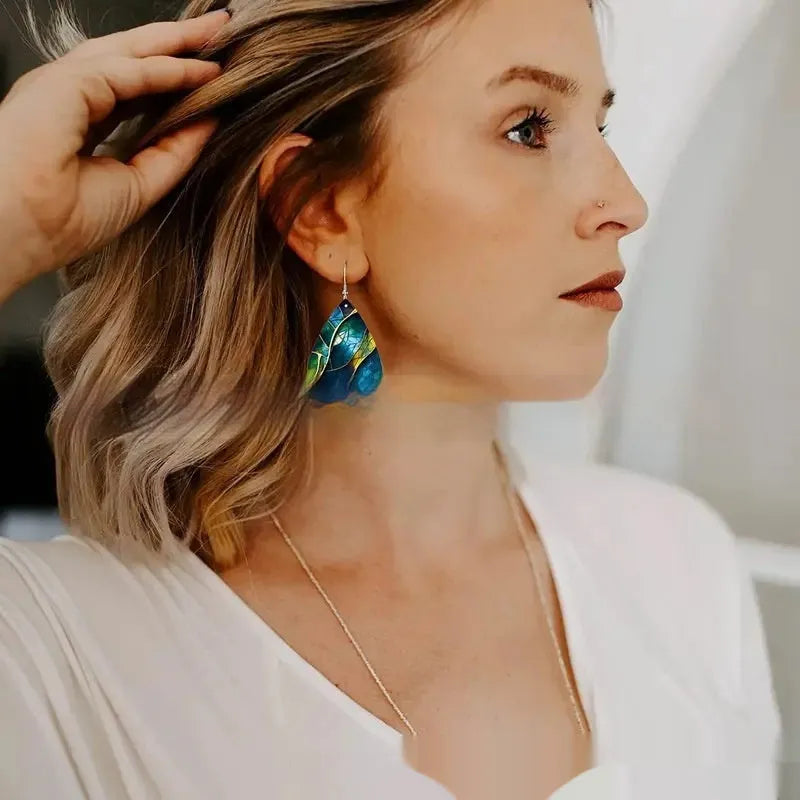 Acrylic flat branch knot earrings with drop shape and printed design elements