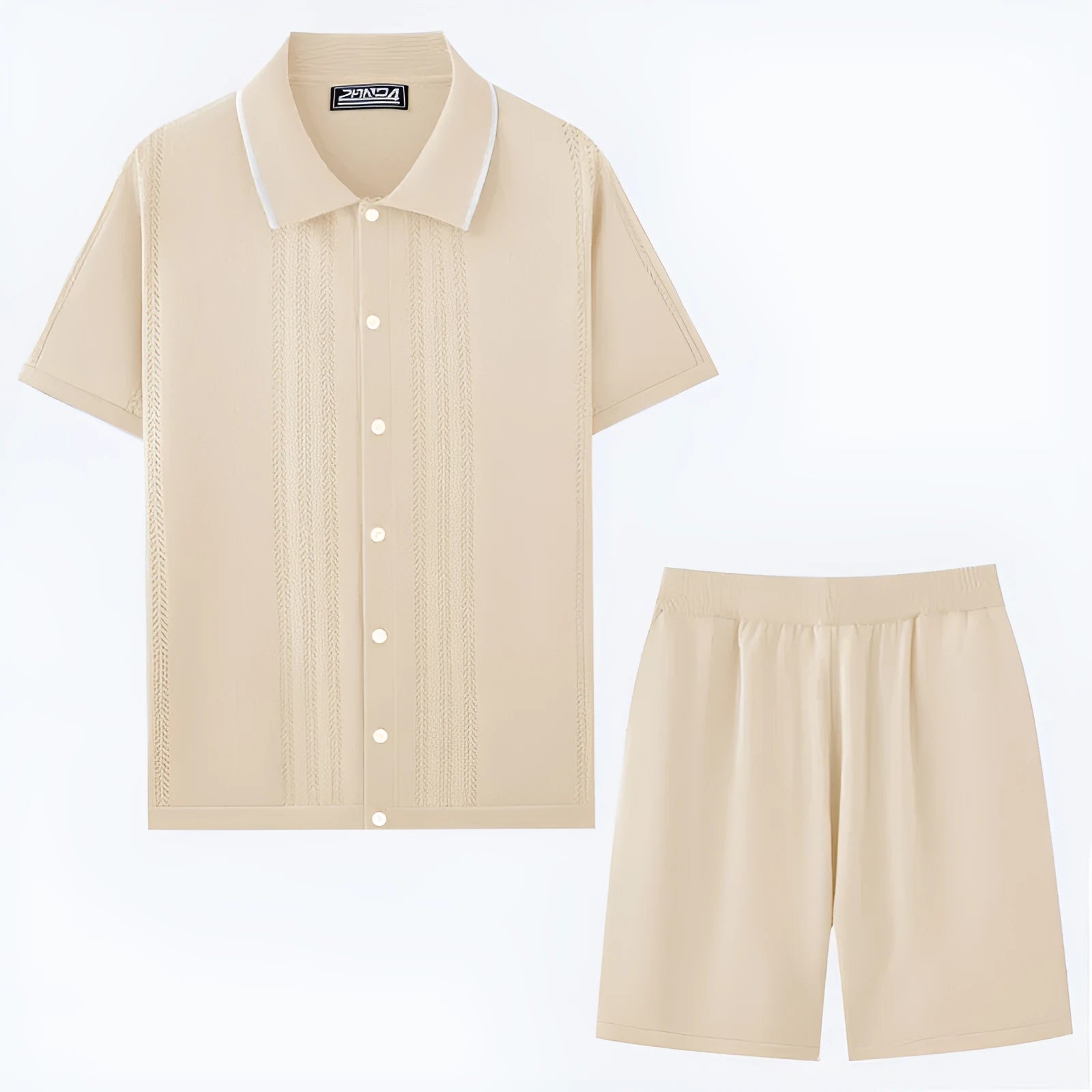 Khaki coloured short sleeve sweater top and matching shorts from a business casual two-piece set.