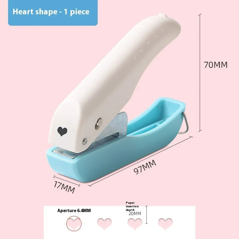 Small manual punching machine with 4mm embossed kindergarten patterns showing Love, Round and Star shapes