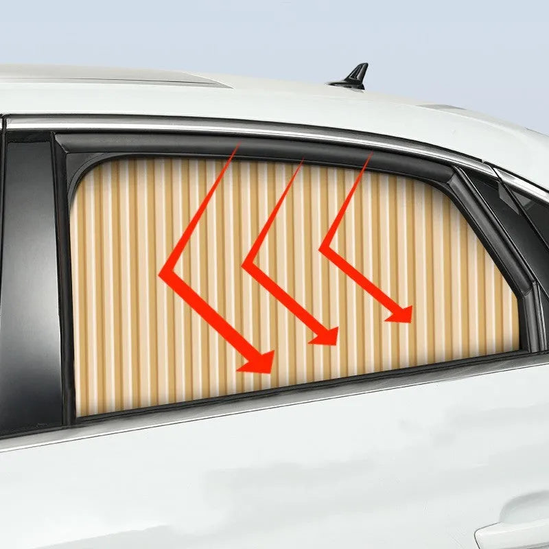 Retractable car sunshade curtain in black showing roller mechanism and opaque cloth material