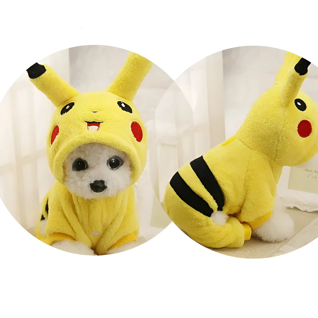 A cat or small dog wearing a soft fleece hooded winter coat in a cartoon style.
