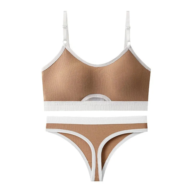 Cotton sports underwear vest set with contrast back, showing bra and panties in black.
