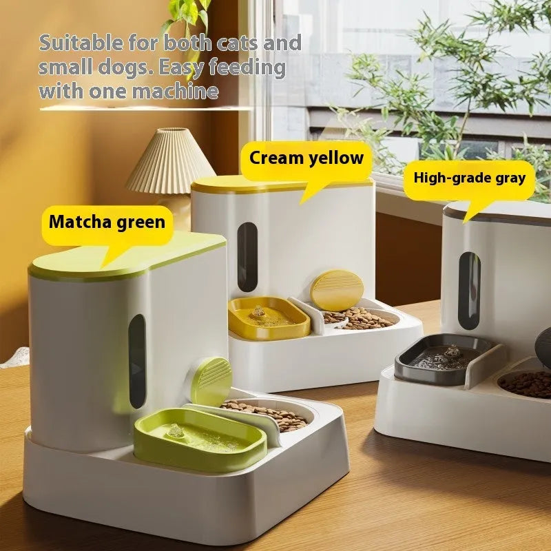 Grey automatic cat feeder with integrated water dispenser and double bowl design
