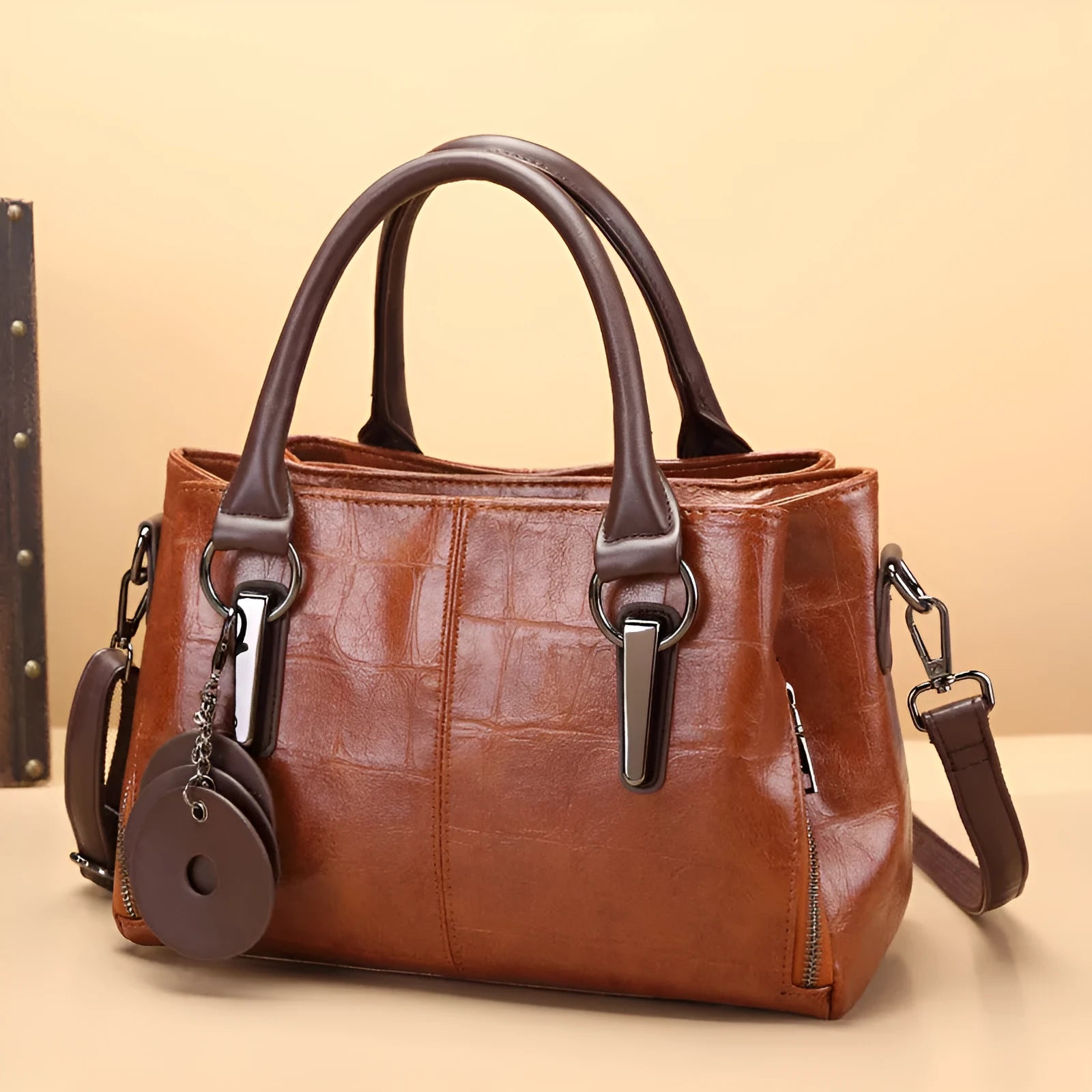 Retro contrasting color large capacity horizontal square shoulder bag with single strap and zipper compartments in PU material
