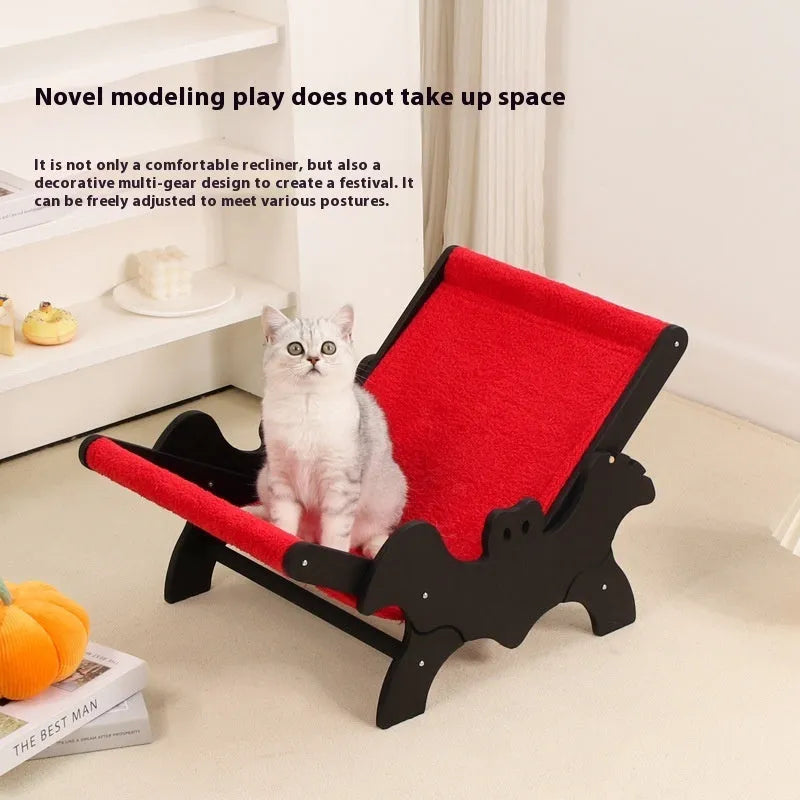 Black and red wooden cat recliner bed with bat design for Halloween theme