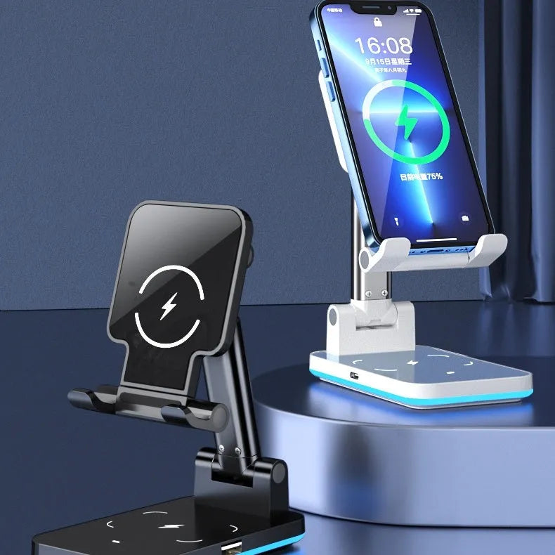 Cool Black desktop wireless charging phone holder with power cord on a wooden desk