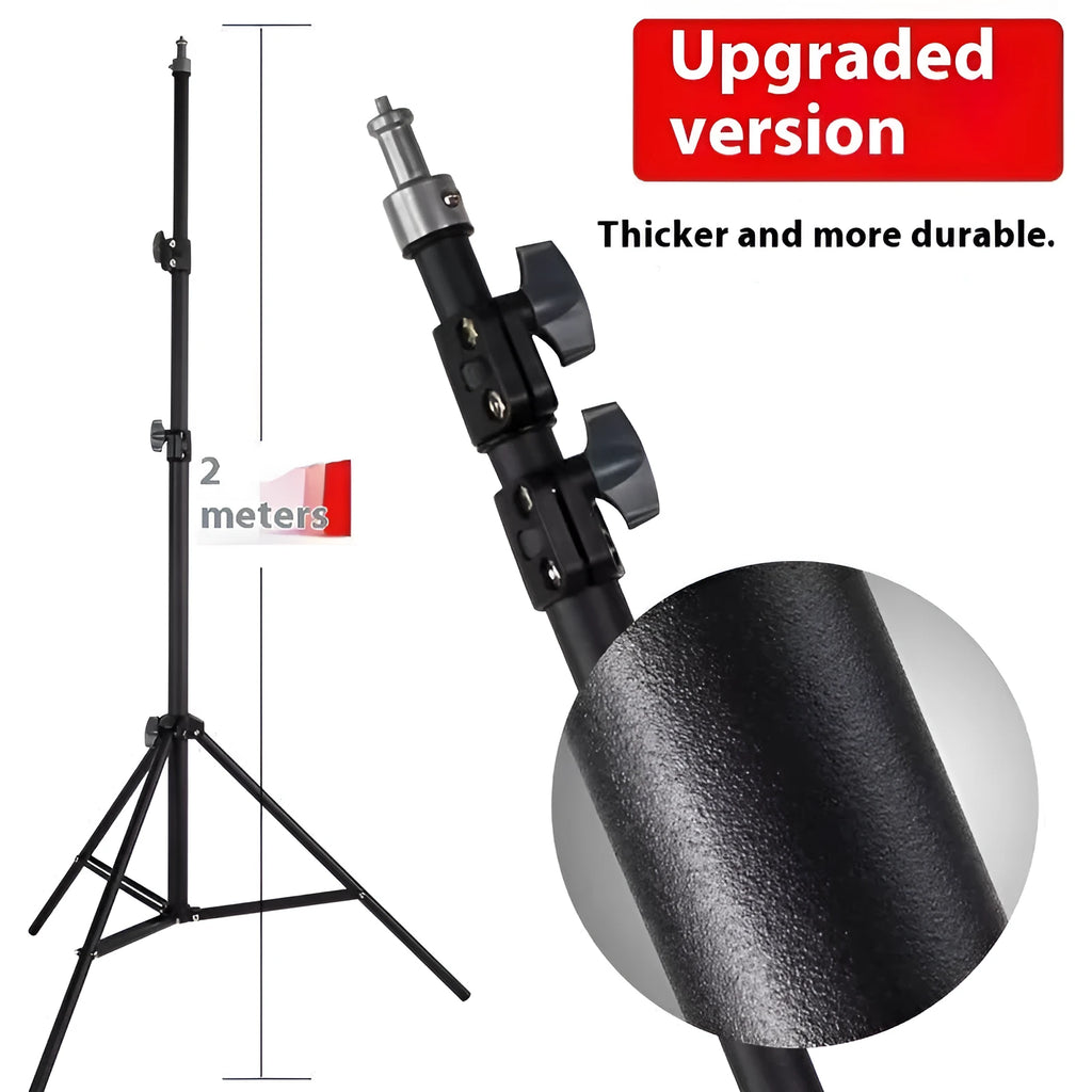 Frosted finish tripod light stand extended to full height with a mobile phone holder attached.