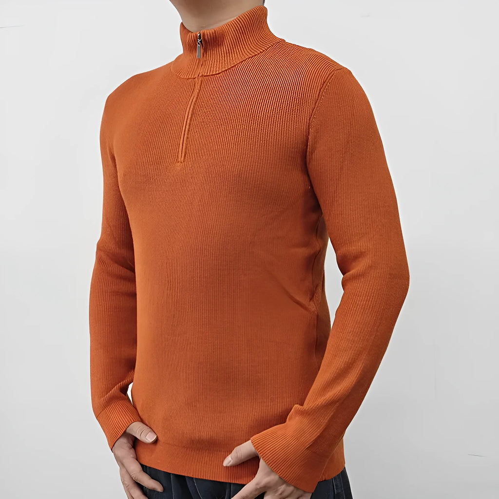 Men's grey half-turtleneck zipper pullover sweater on a hanger