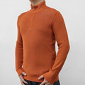 Men's grey half-turtleneck zipper pullover sweater on a hanger