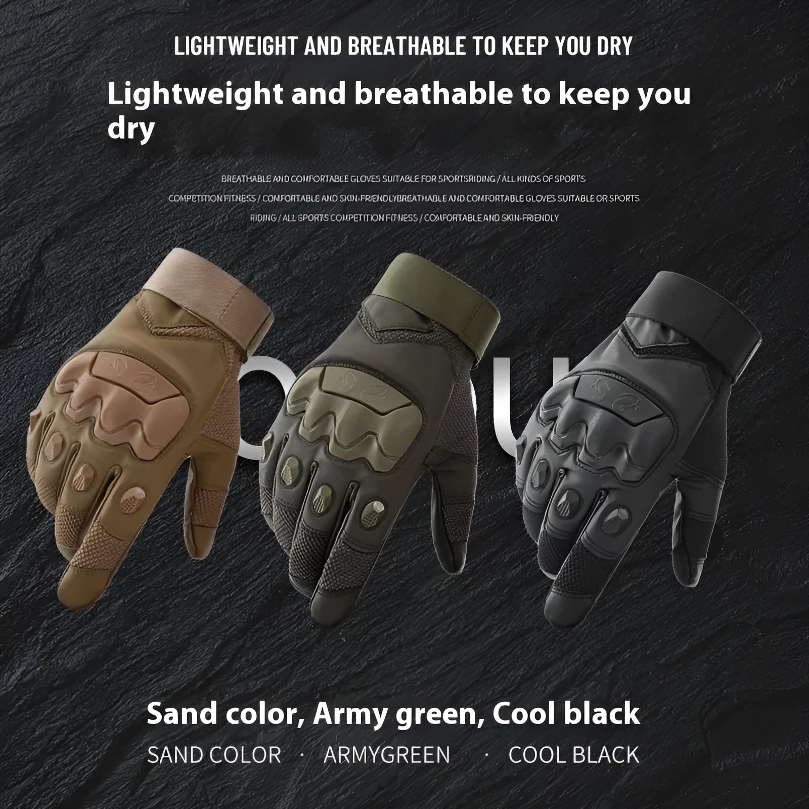 Men's black tactical gloves with full finger coverage showing touch screen compatible fingertips