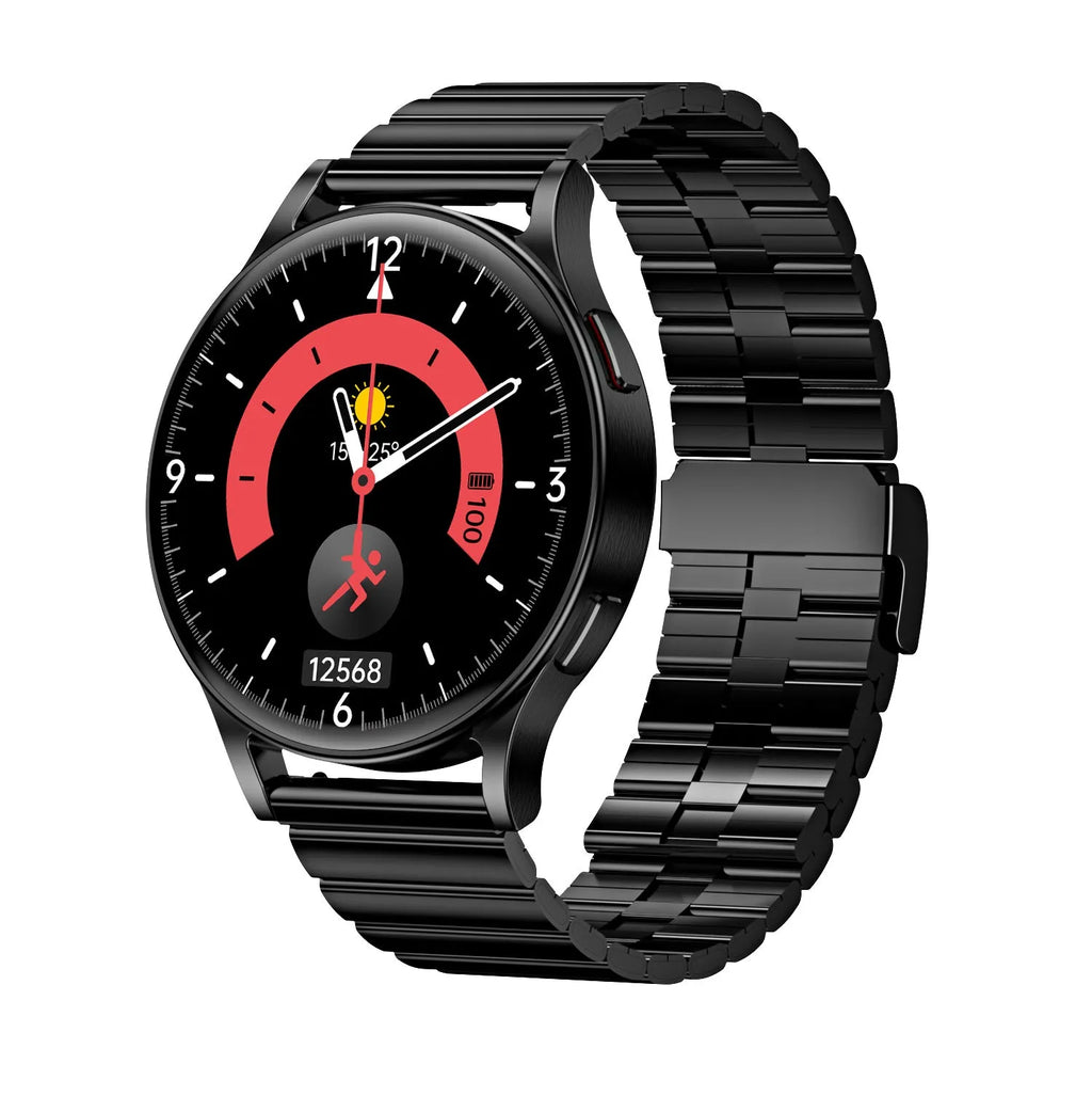 SmartWatch with white background dial and multiple strap colour options steel belt black and silver