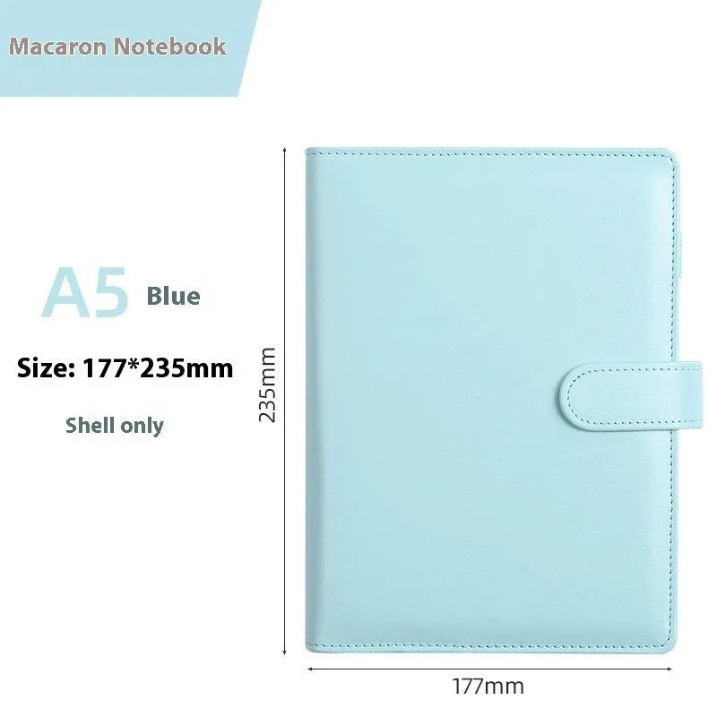 A5 PU leather zipper notebook shell in multiple solid colours, showing closed and open views.
