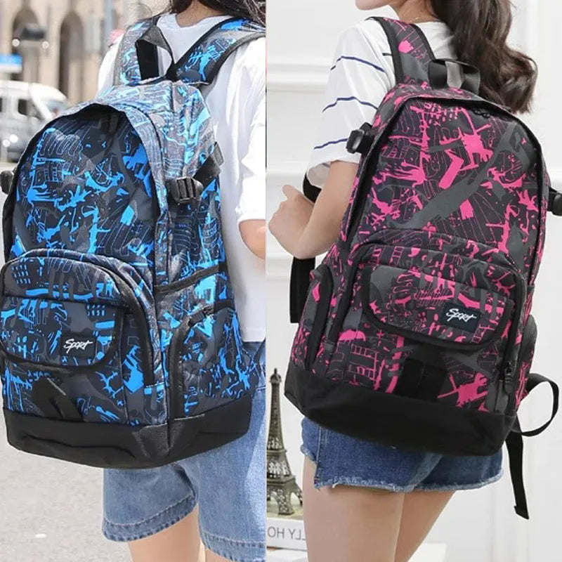 Classic large blue nylon backpack shown from the front, with red colour option available.