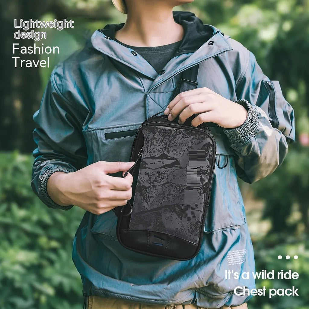Casual black waterproof chest bag with camouflage pattern, single shoulder strap and soft handle