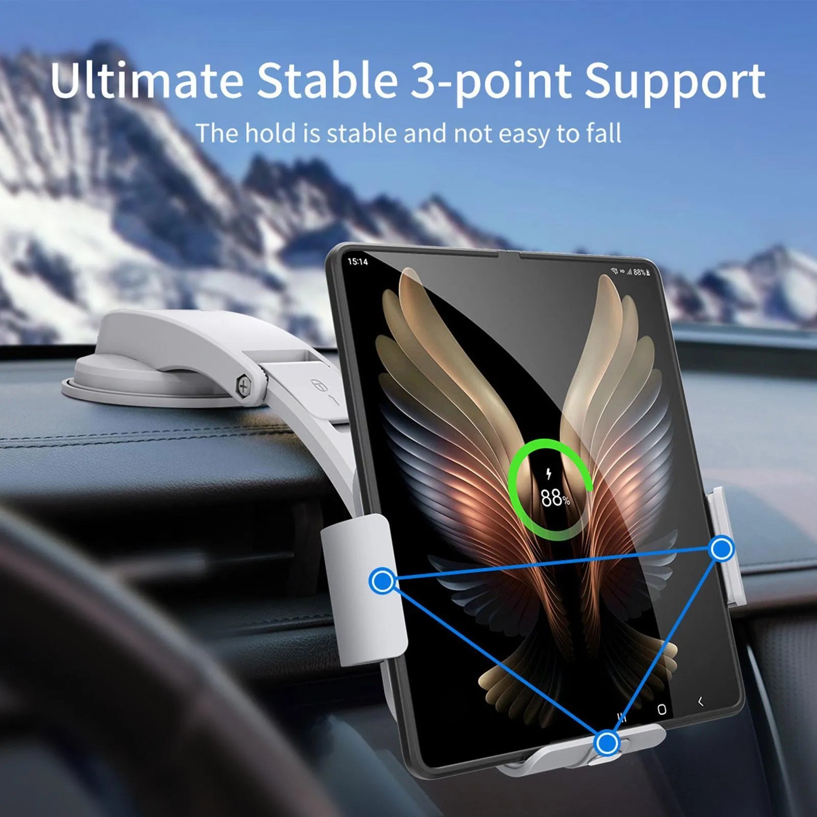 Grey wireless charging car phone holder with folding screen, air vent clip and suction cup mount