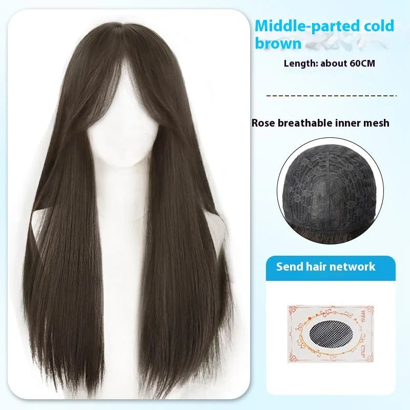 Long straight synthetic wig with bangs in brown-black colour on display