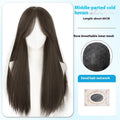 Long straight synthetic wig with bangs in brown-black colour on display
