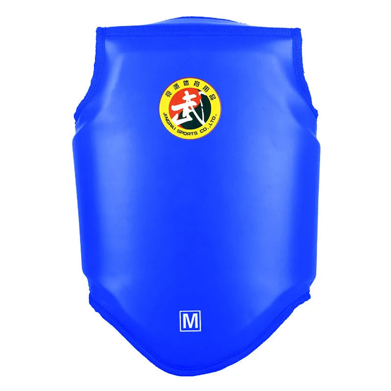 Red boxing helmet and matching one-piece chest protector for training.