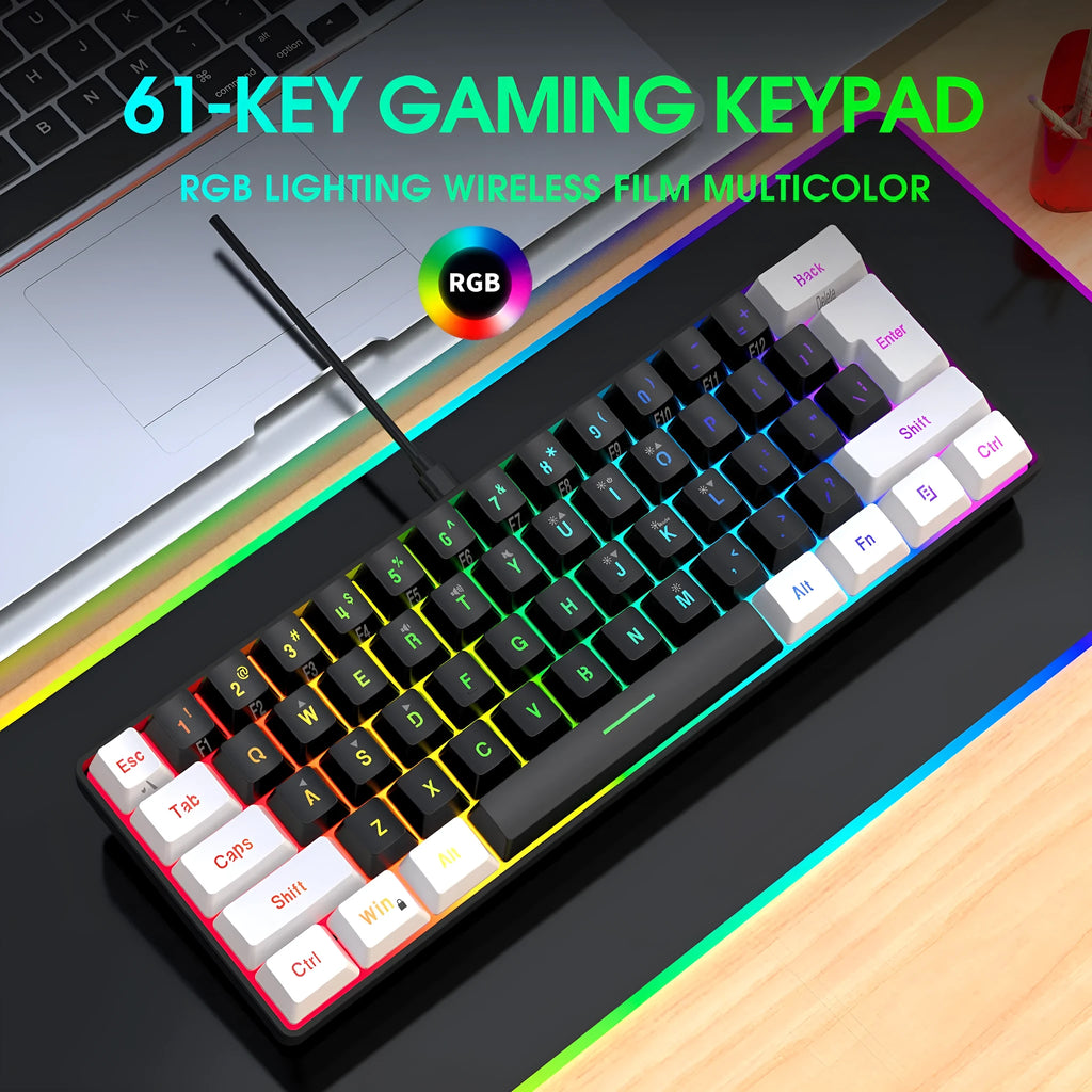 Simple wired 61-key membrane keyboard in white and black colour with compact dimensions and USB cable