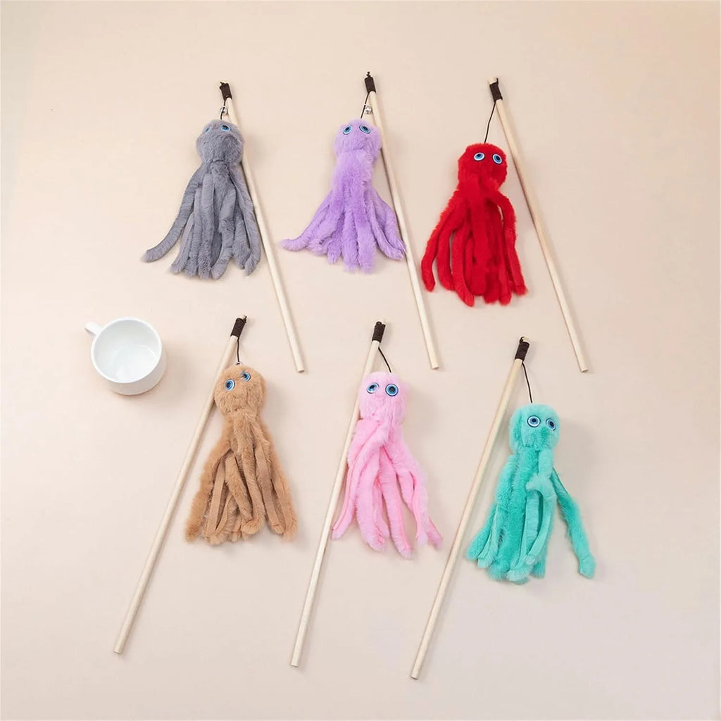 Colourful octopus cat toy with long stick for indoor feline entertainment