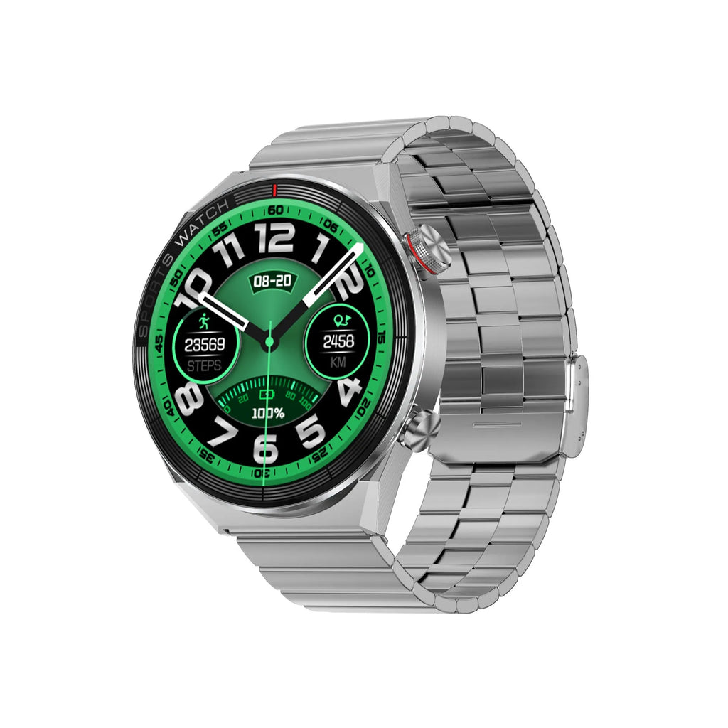 46mm smart watch with 1.5 inch HD screen showing call interface on black or silver case