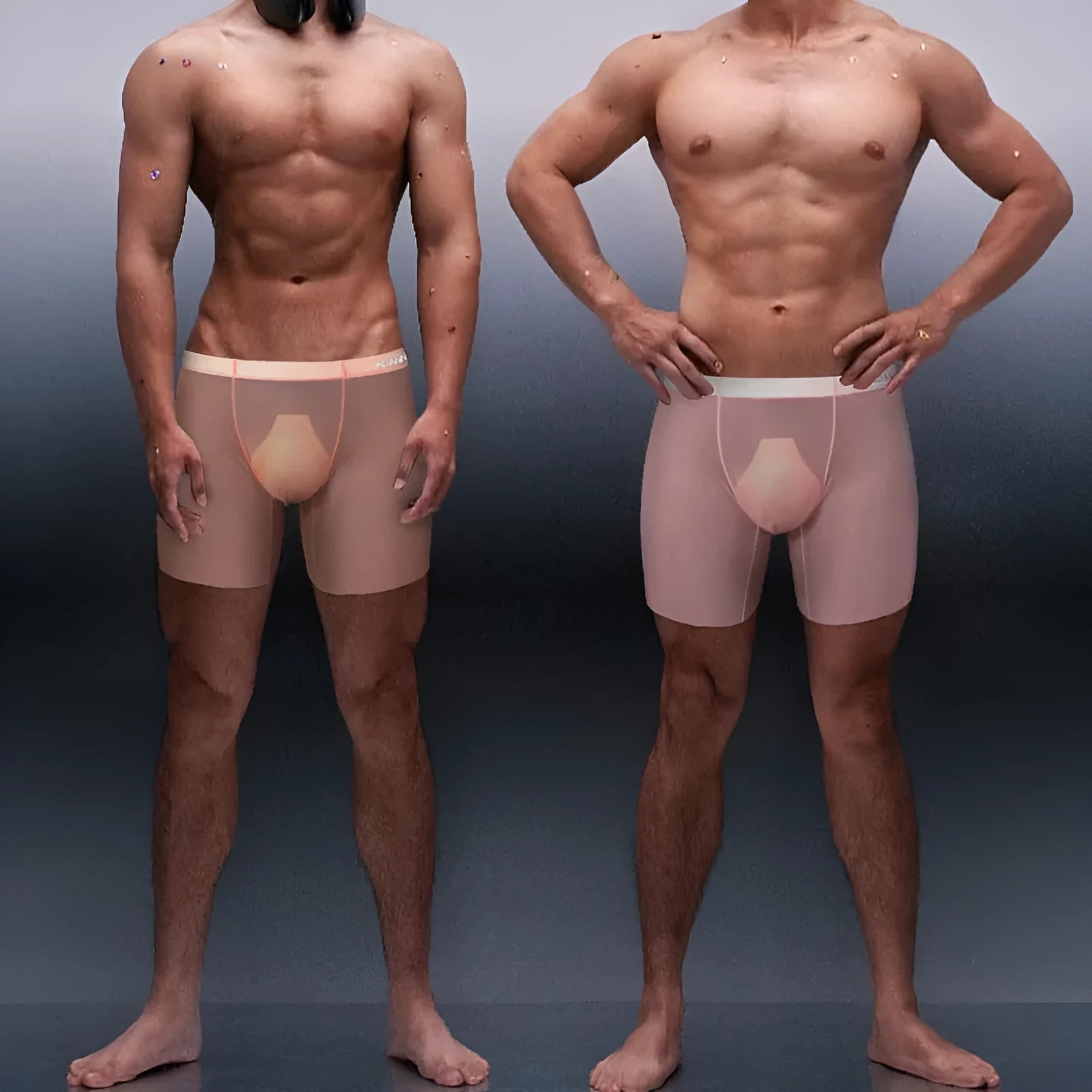 Men's seamless sports boxers in orange, pink, and red colours showing low waist design