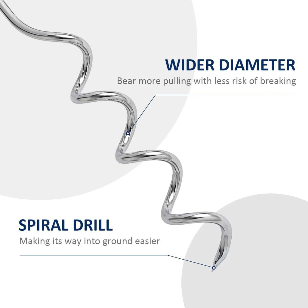 Solid steel spiral dog tie out stake for secure ground tethering outdoors.
