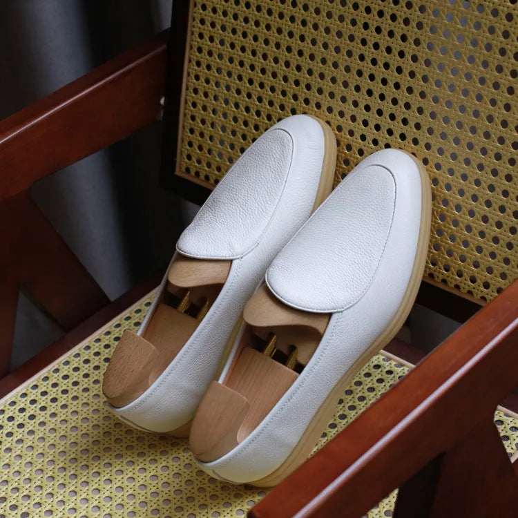 British handmade leather loafers for men in black, white, brown, dark brown and beige