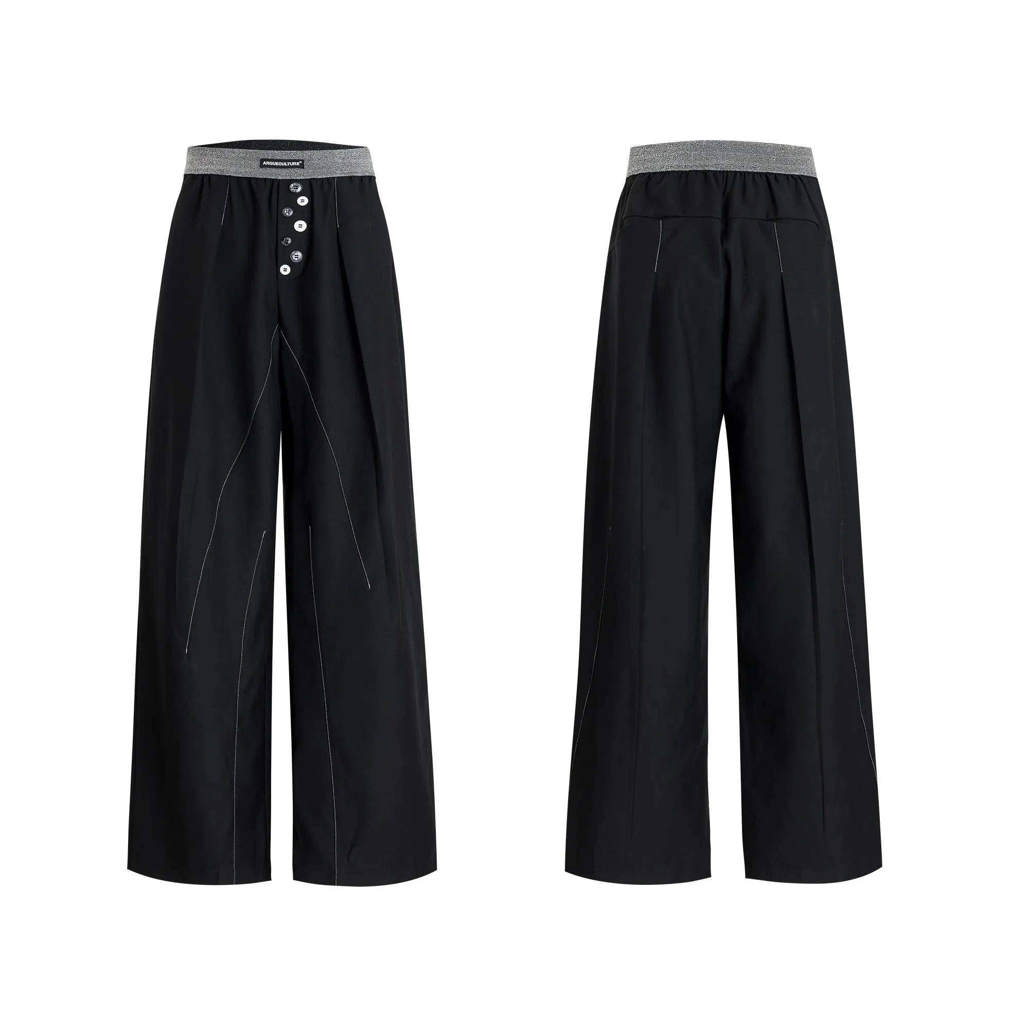Men's straight-leg casual trousers with drooping design and button detail in black or grey