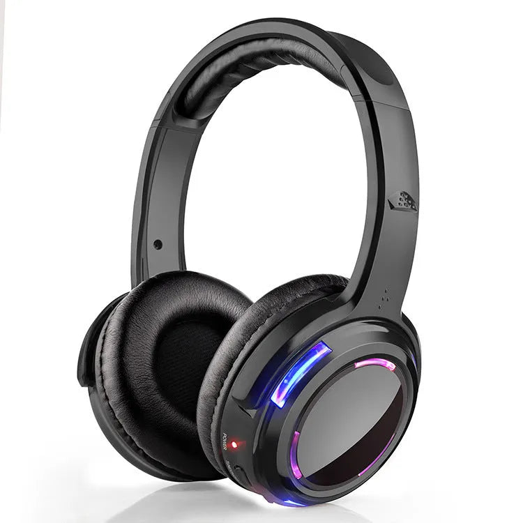 Black silent disco wireless headphones with headband and 3.5mm plug