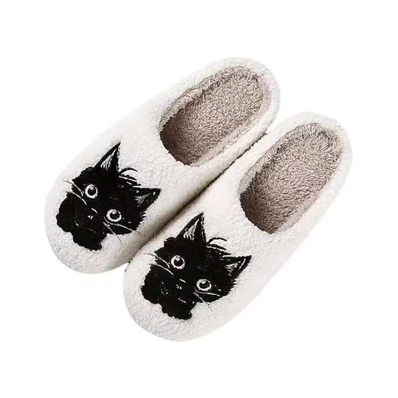 White plush slippers with black beard cat couple cartoon design and non-slip soles