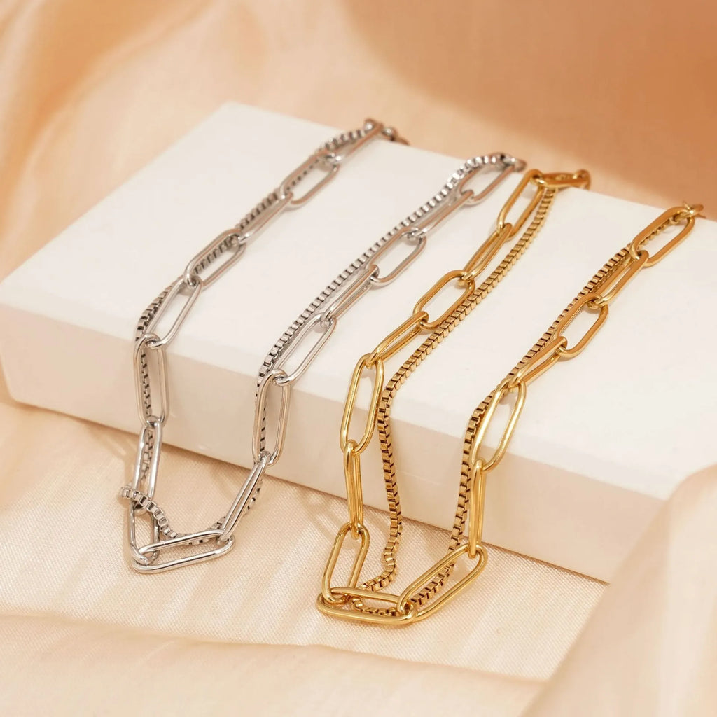 Women's double layer titanium steel bracelet with geometric lines in gold or silver electroplated finish