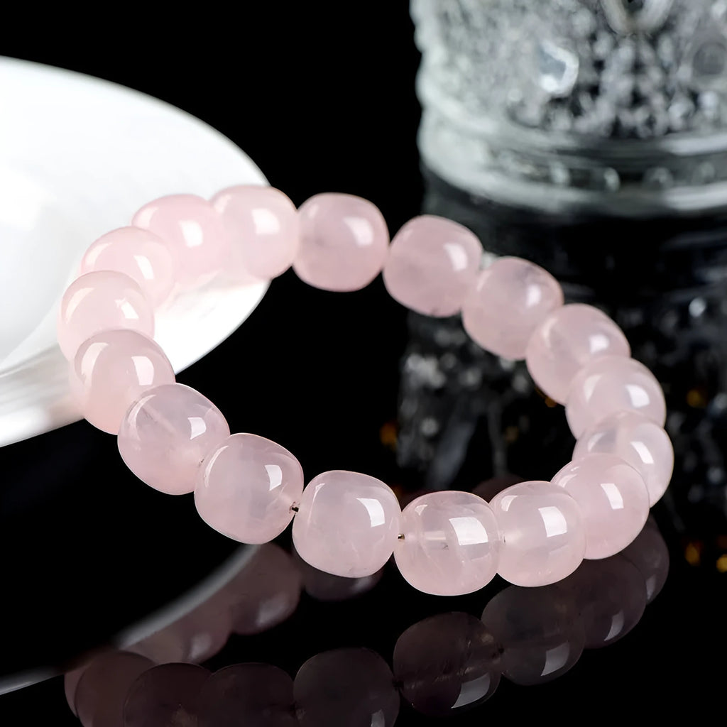 Natural bamboo crystal barrel bead bracelet with 11x12mm pink geometric beads and unisex design
