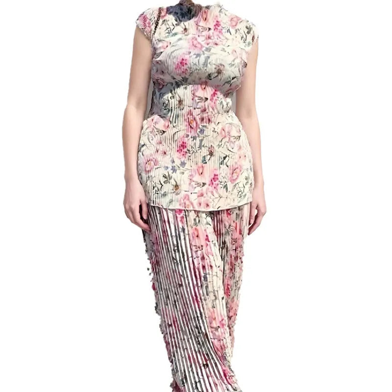 Women's printed chiffon two-piece dress set with long sleeves and a high-waisted skirt.