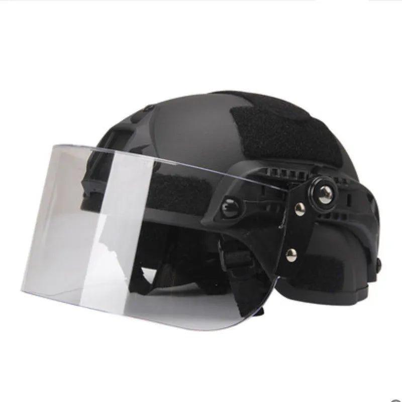 Transparent PC helmet face protection shield with windproof lens on guide rail mount