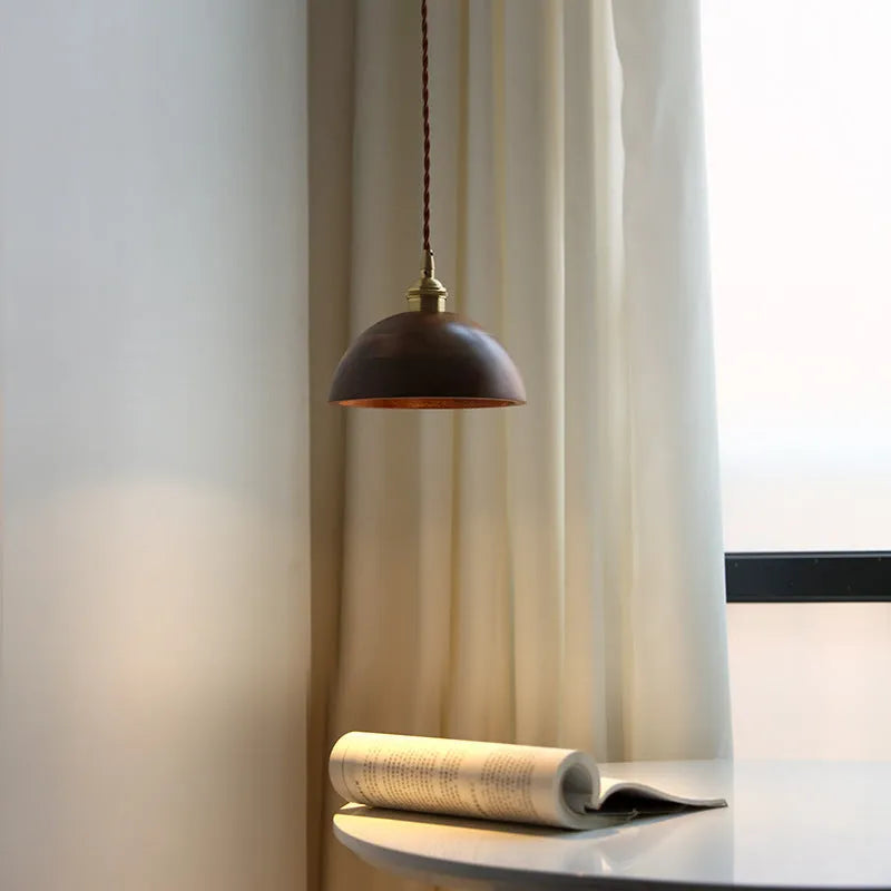 Black walnut single-head droplight chandelier with copper wood art construction.