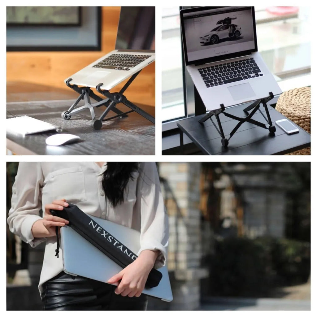 Portable folding computer bracket in sagacious black with enhanced nylon construction and carrying case
