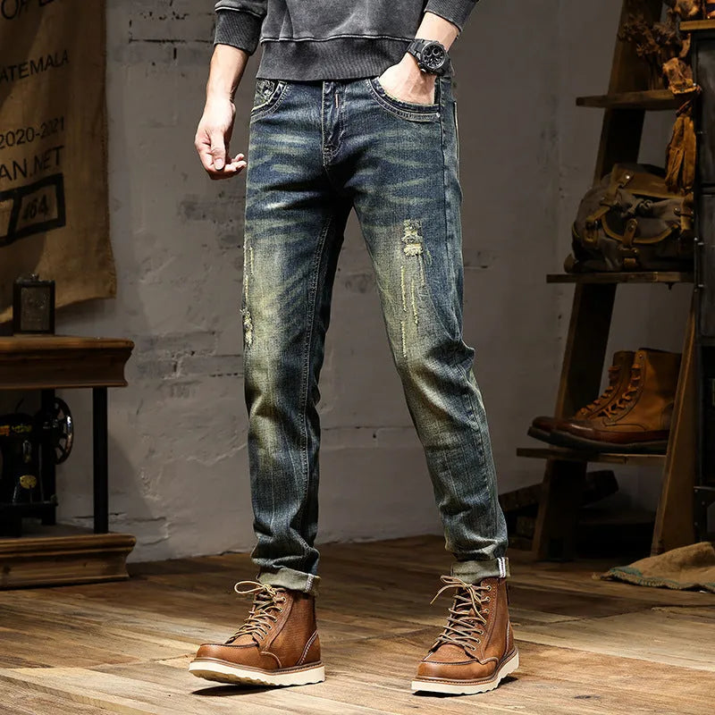 Men's skinny fit jeans in a retro blue colour with a zip fly.