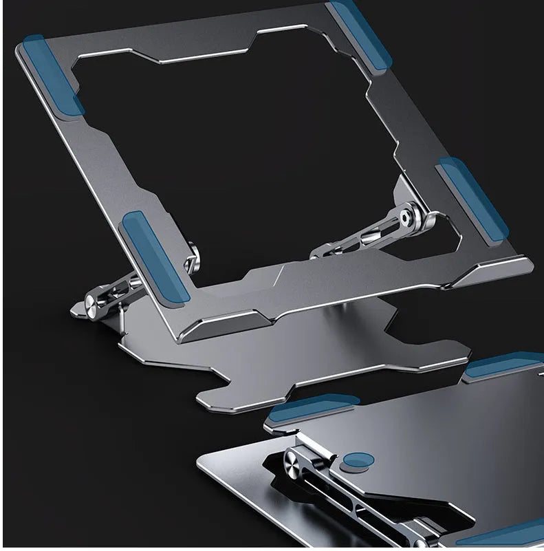 Grey aluminum laptop stand with adjustable angle and hollow heat dissipation design