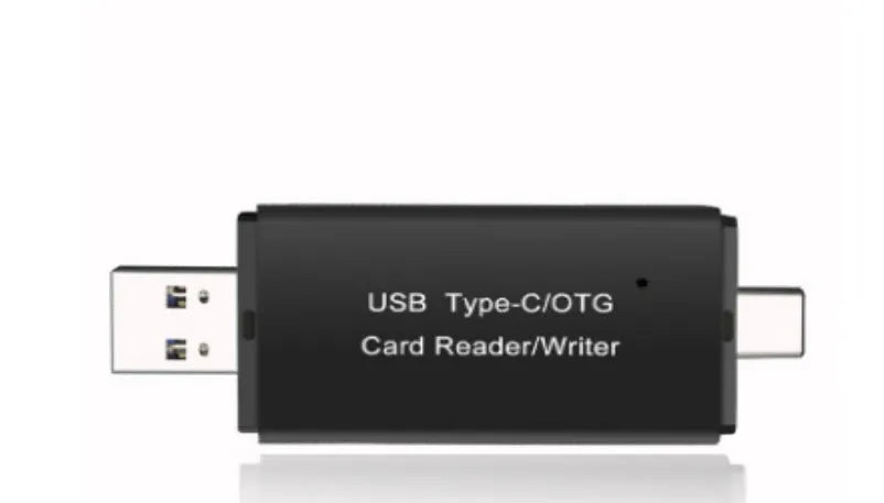 Black USB 3.0 memory card reader supporting SD and TF formats with Type-C interface