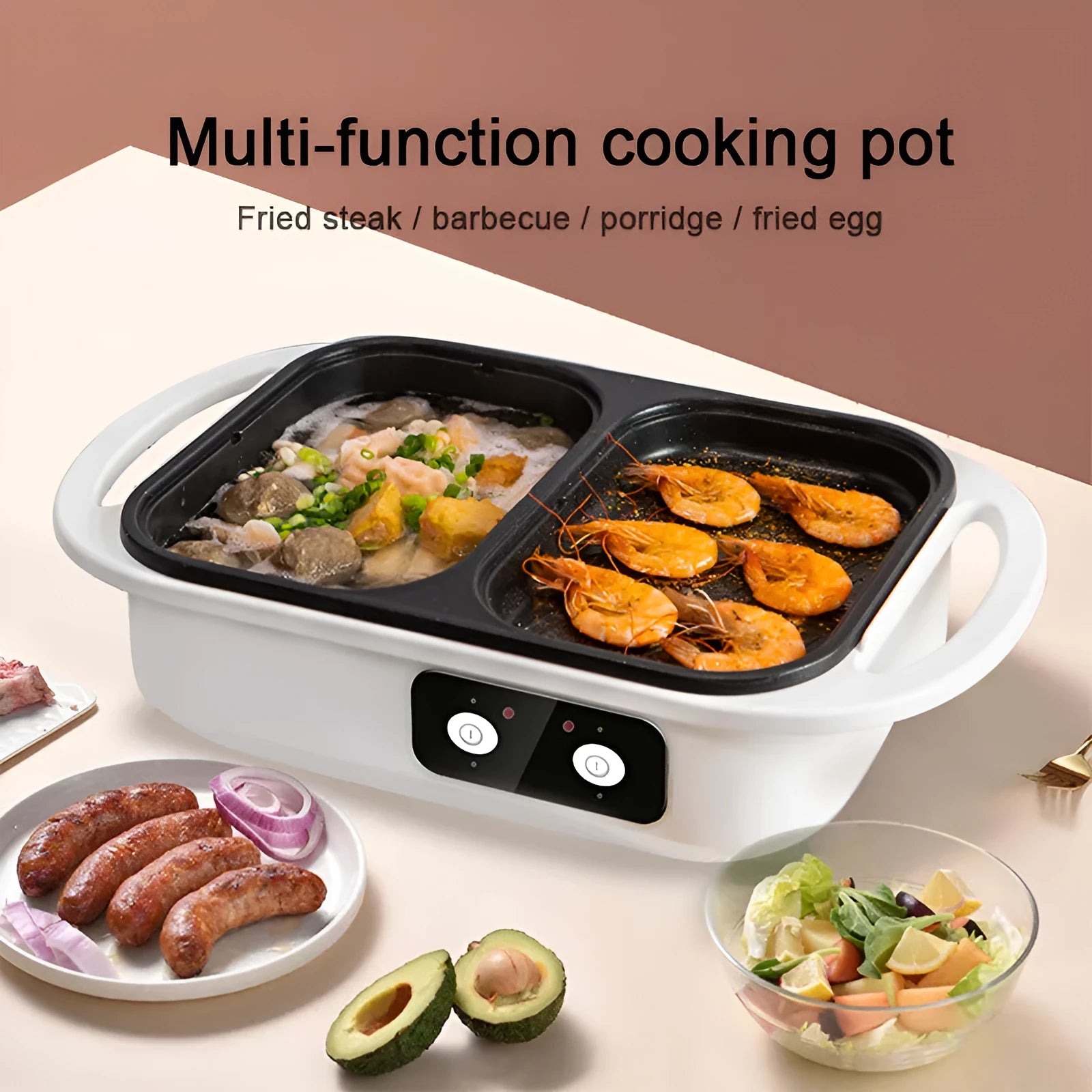 White or green dual-function electric hot pot appliance with mechanical controls for caldron and frying oven use.