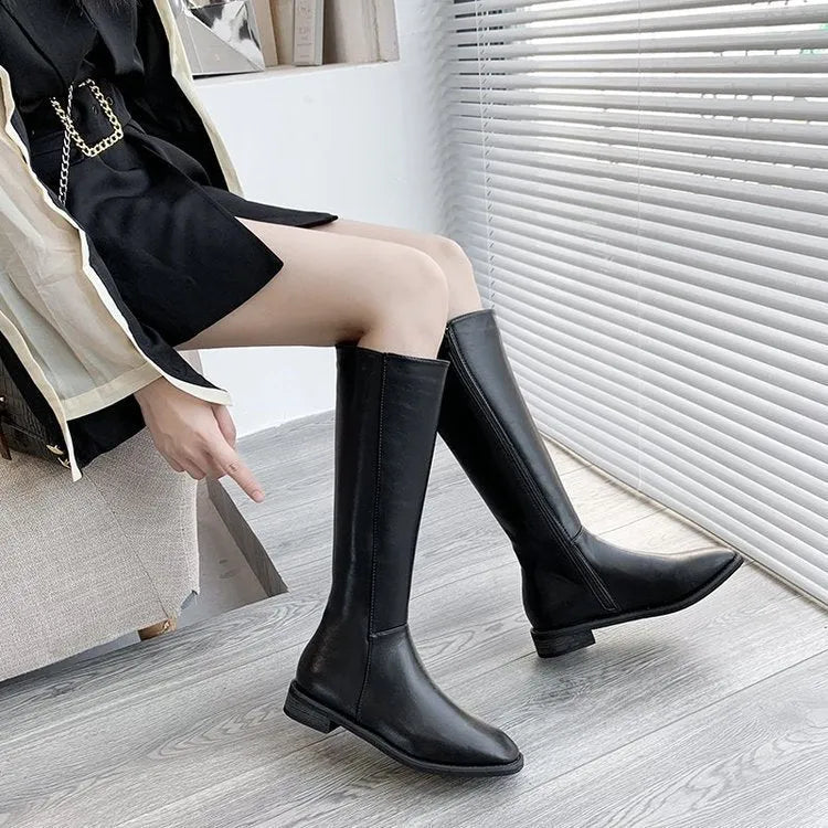 Women's thick heel mid-heel over the knee boots in black with car suture detailing