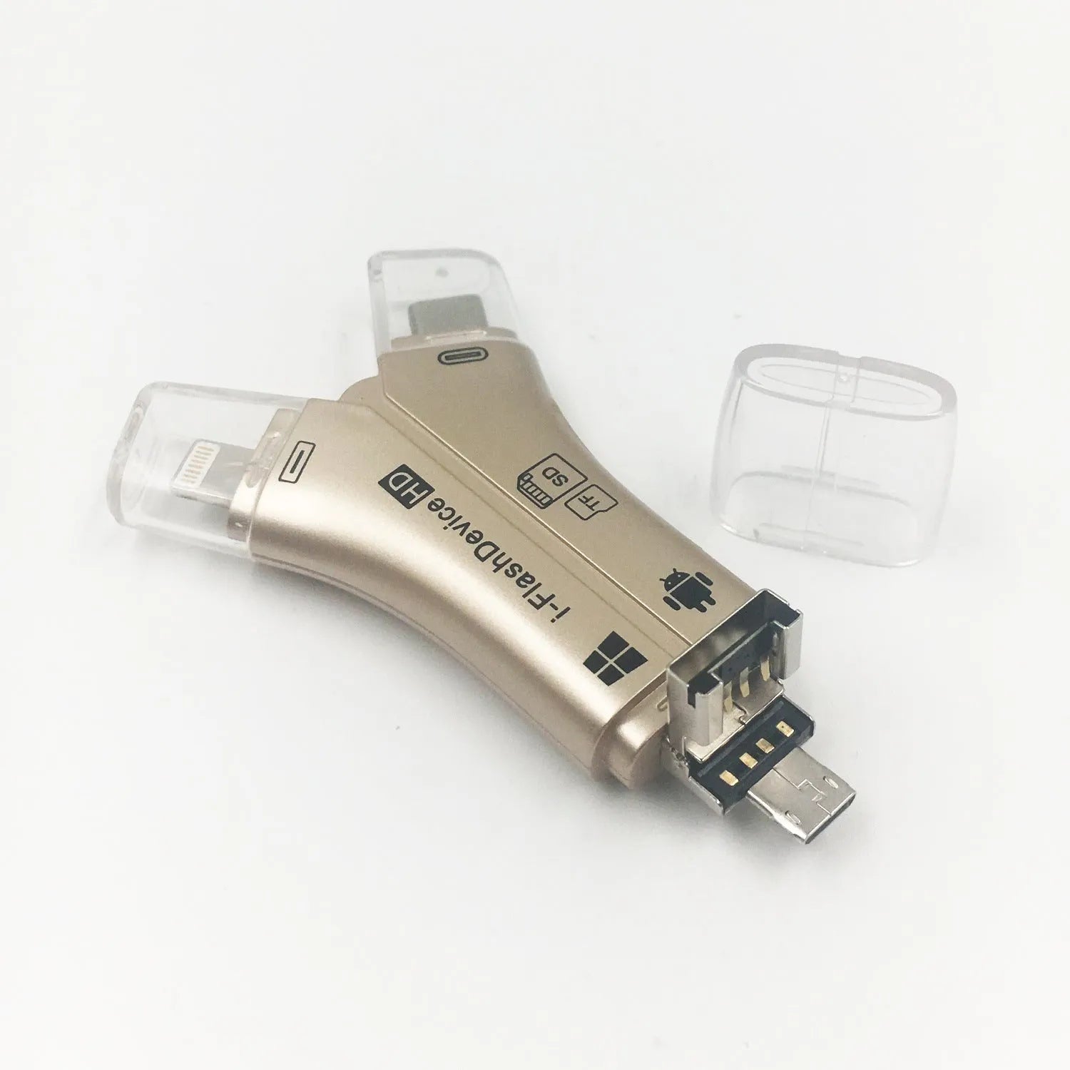 White 4-in-1 card reader with SD and Micro SD slots for iPhone and Android devices
