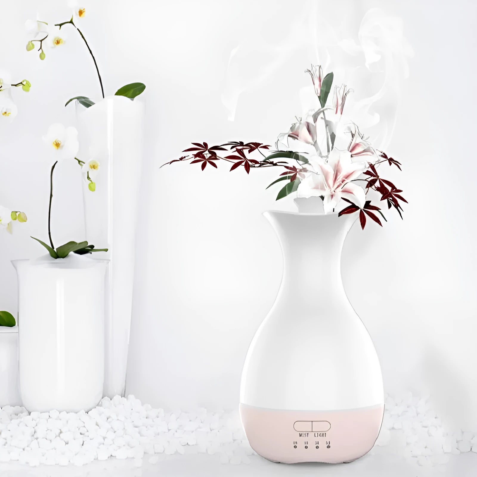 White or pink ultrasonic aromatherapy vase with colourful night light and 200ml water capacity