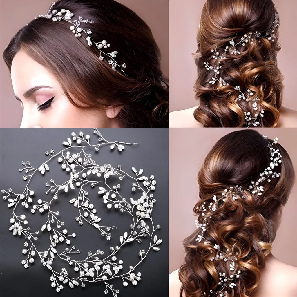 Silver wedding hair band with crystal and pearl details on metallic wire in 100cm length