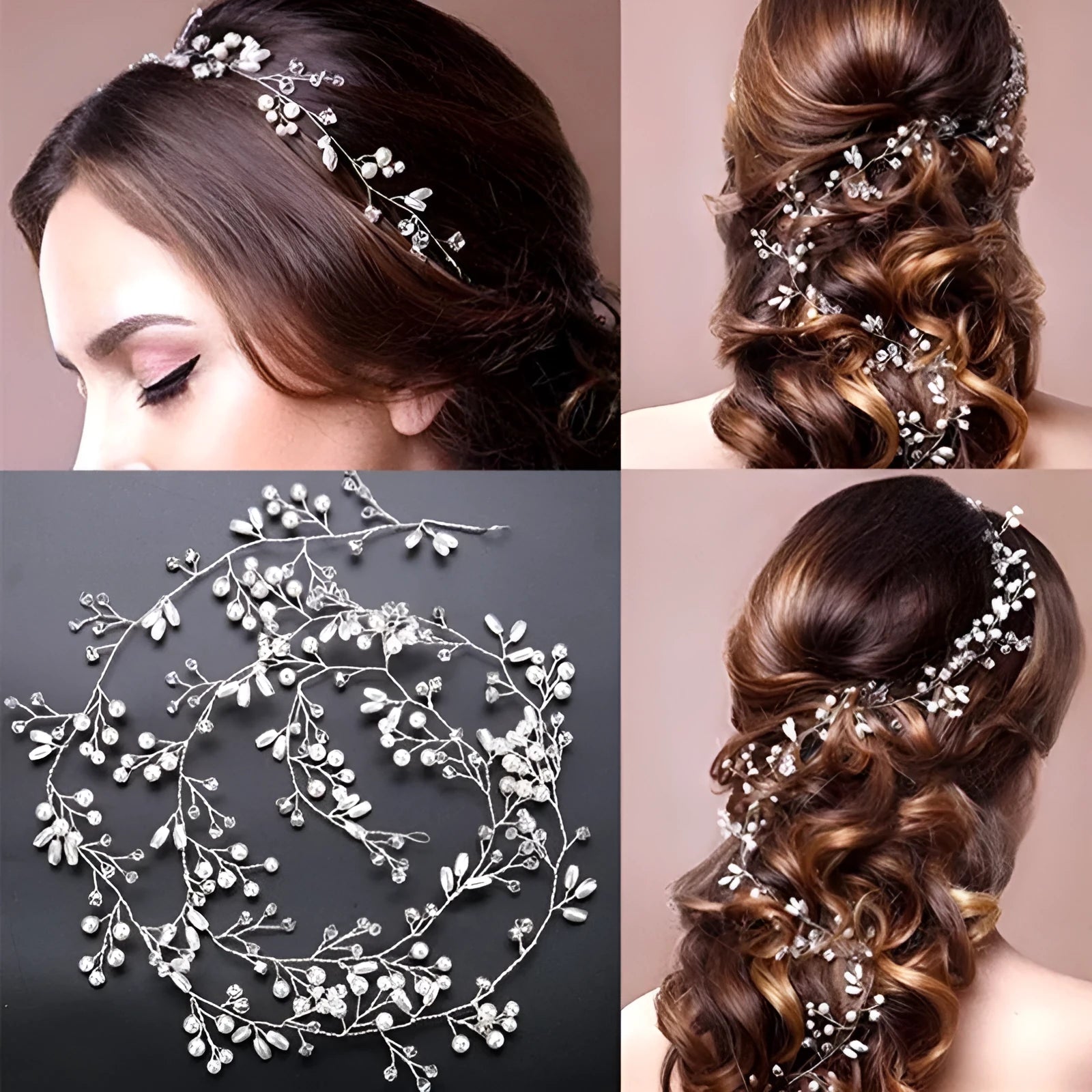 Silver wedding hair band with crystal and pearl details on metallic wire in 100cm length