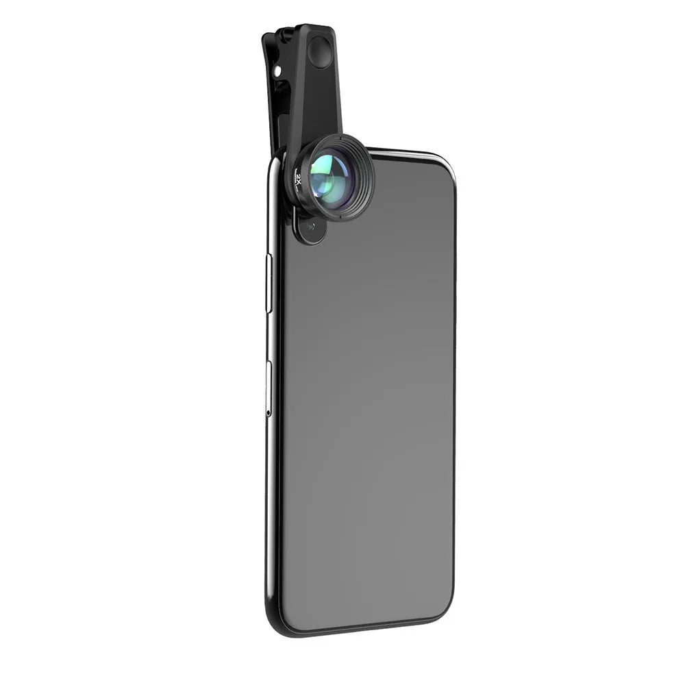 Black 6-in-1 smartphone lens kit with fisheye, macro, wide-angle, telephoto lenses and filters in EVA case