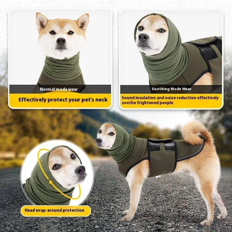 Dog wearing anti-anxiety calming jacket in polyester fabric for mood soothing pressure therapy
